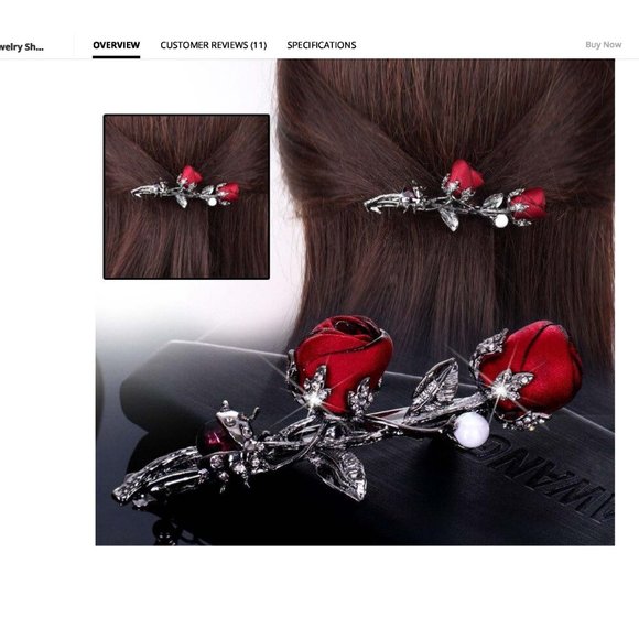 Deep Red Petite Silk Roses Hair Barrette - Hair Clip with Pearl & Garnet Crystal - Picture 9 of 9